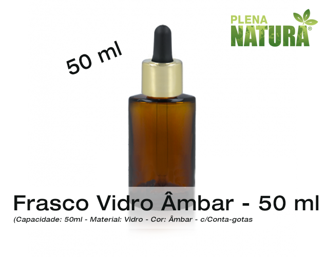 Frasco de Vidro Ambar, c/Tampa Conta-gotas em Aluminio Dourado - 50ml